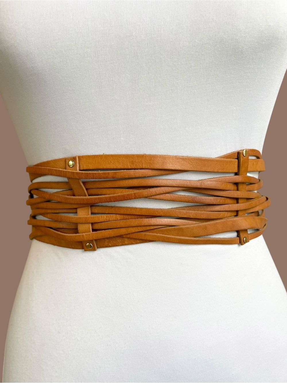 Vince Camuto Tan Leather Caged Wide Waist Belt S/M